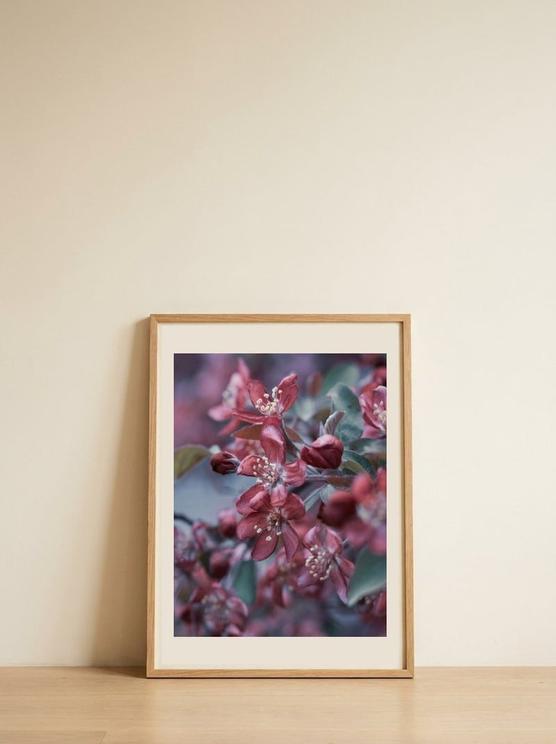 Dreamy Pink Blossoms — framed, leaning against the wall