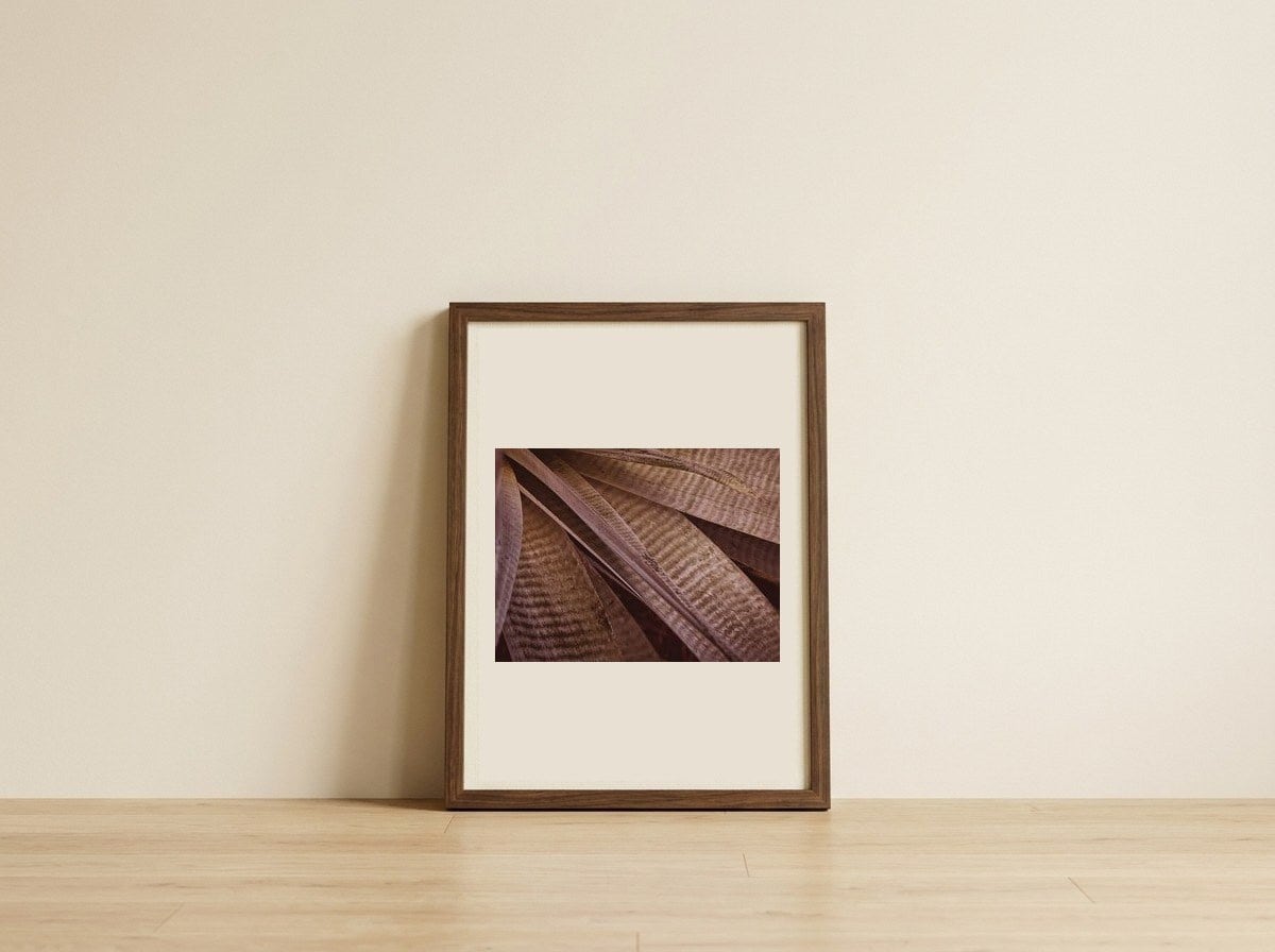 Earthy Striped Leaves — framed, leaning against the wall