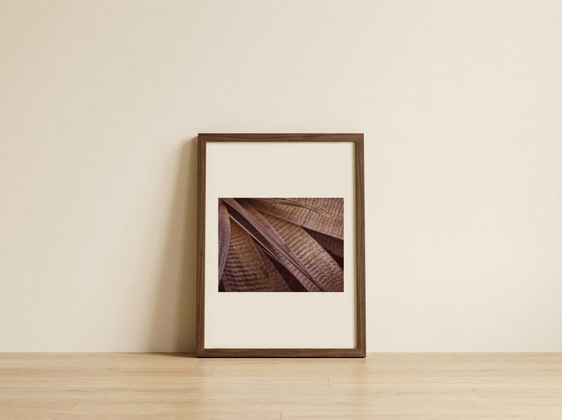 Earthy Striped Leaves — framed, leaning against the wall
