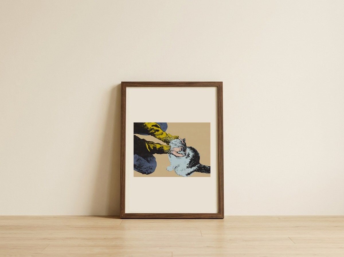 Petting A Happy Cat — framed, leaning against the wall