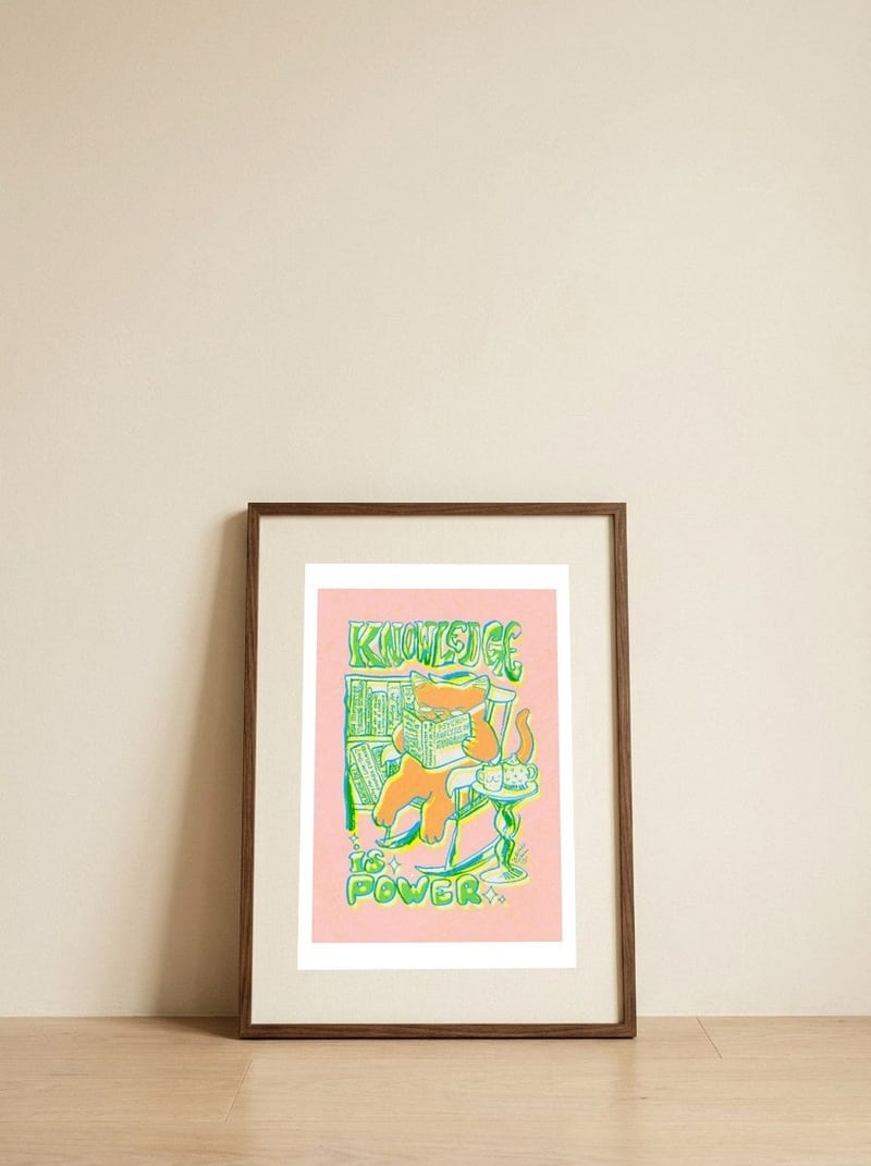 Cozy Reading Cat — framed, leaning against the wall