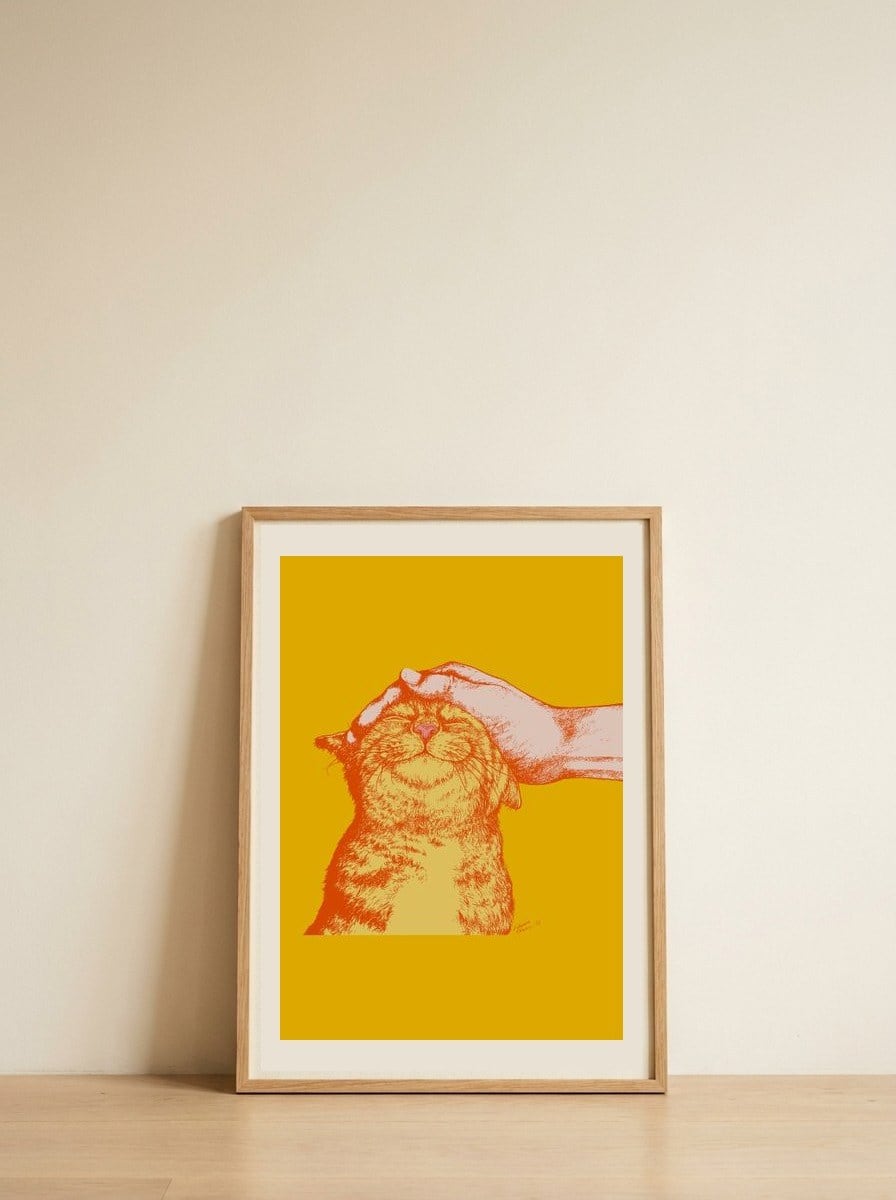Happy Cat Petting — framed, leaning against the wall