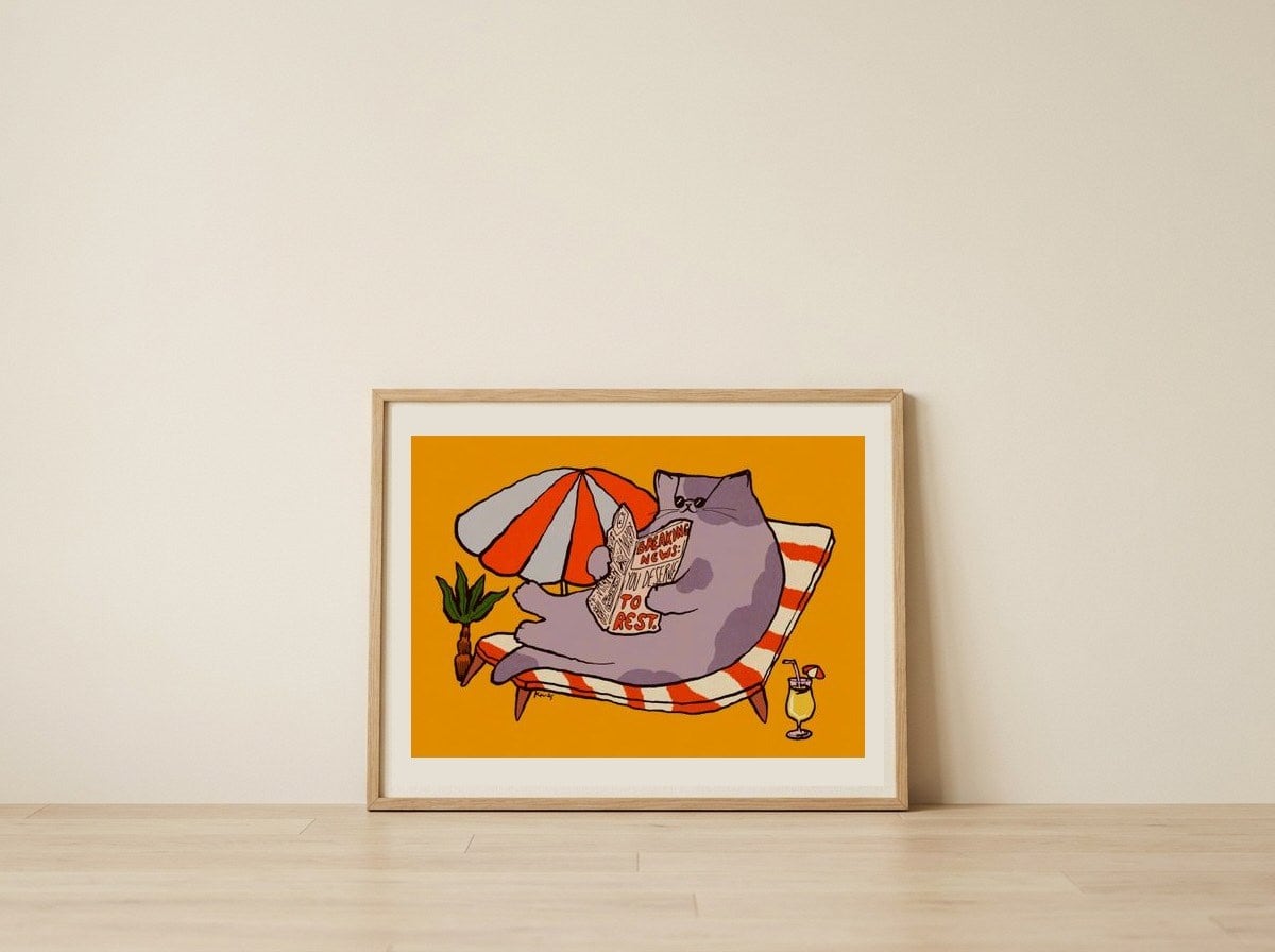 Relaxing Beach Cat — framed, leaning against the wall