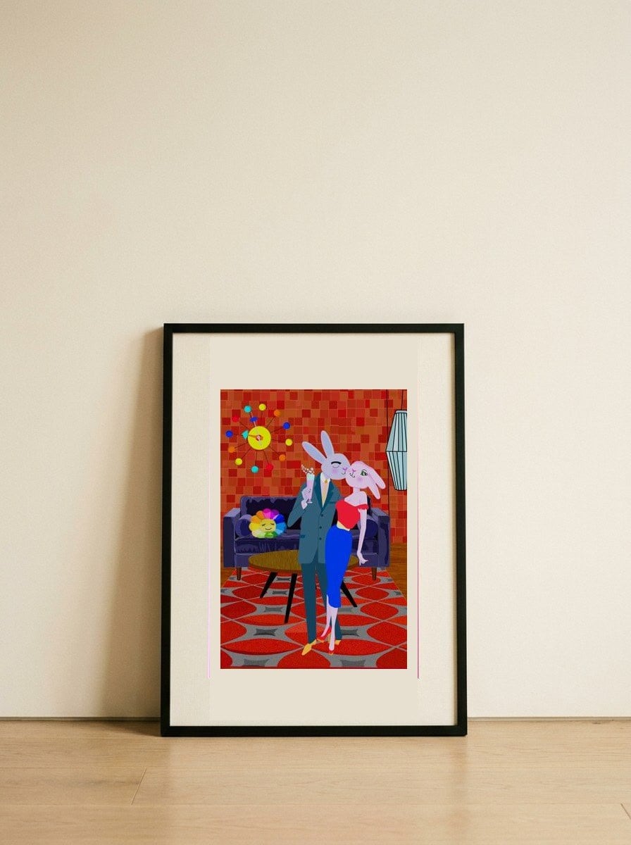 Mid-Century Rabbit Romance — framed, leaning against the wall