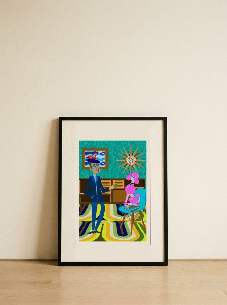 Mid-Century Poodle Companion — framed, leaning against the wall