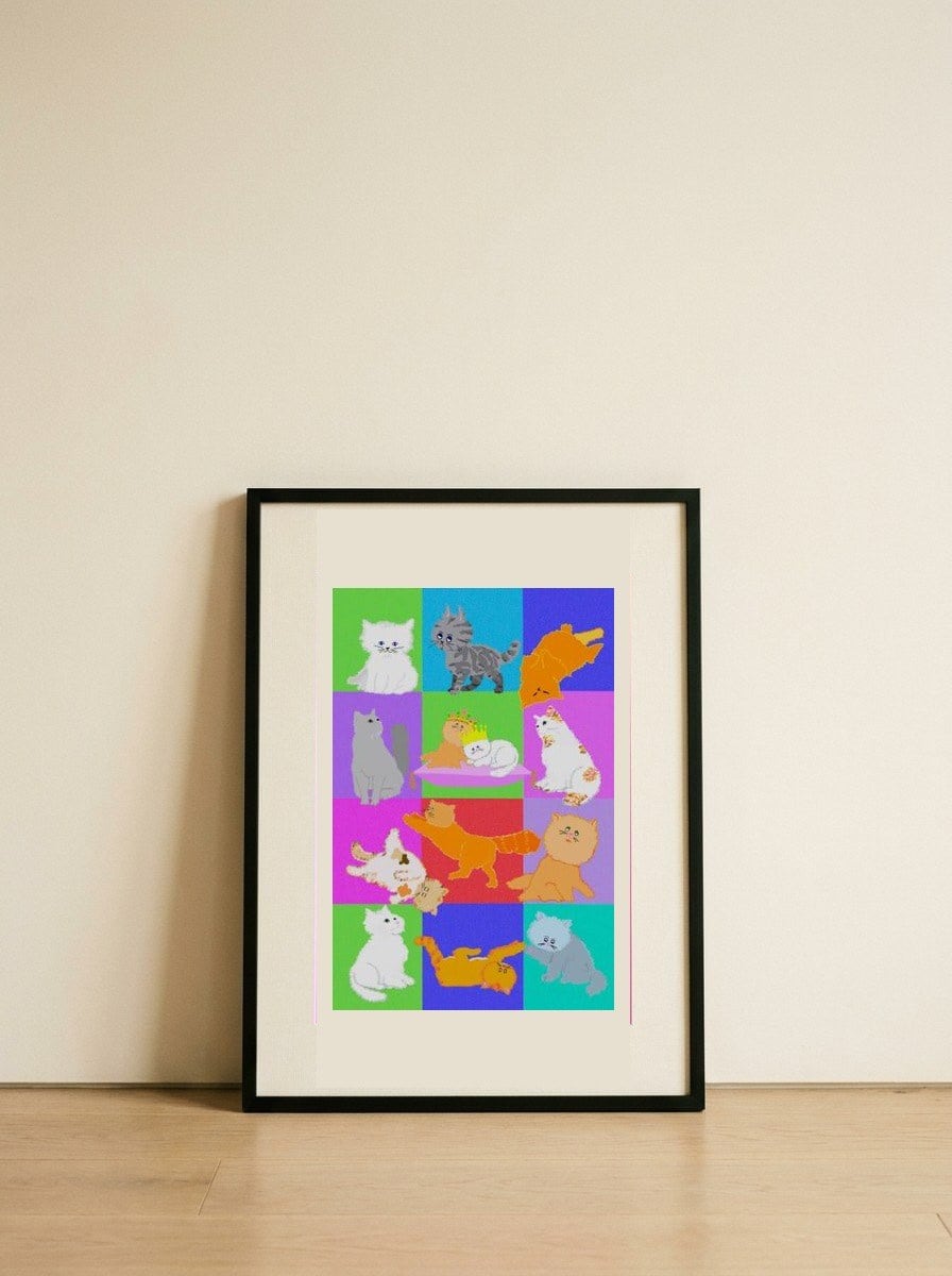 Colorful Cat Grid — framed, leaning against the wall