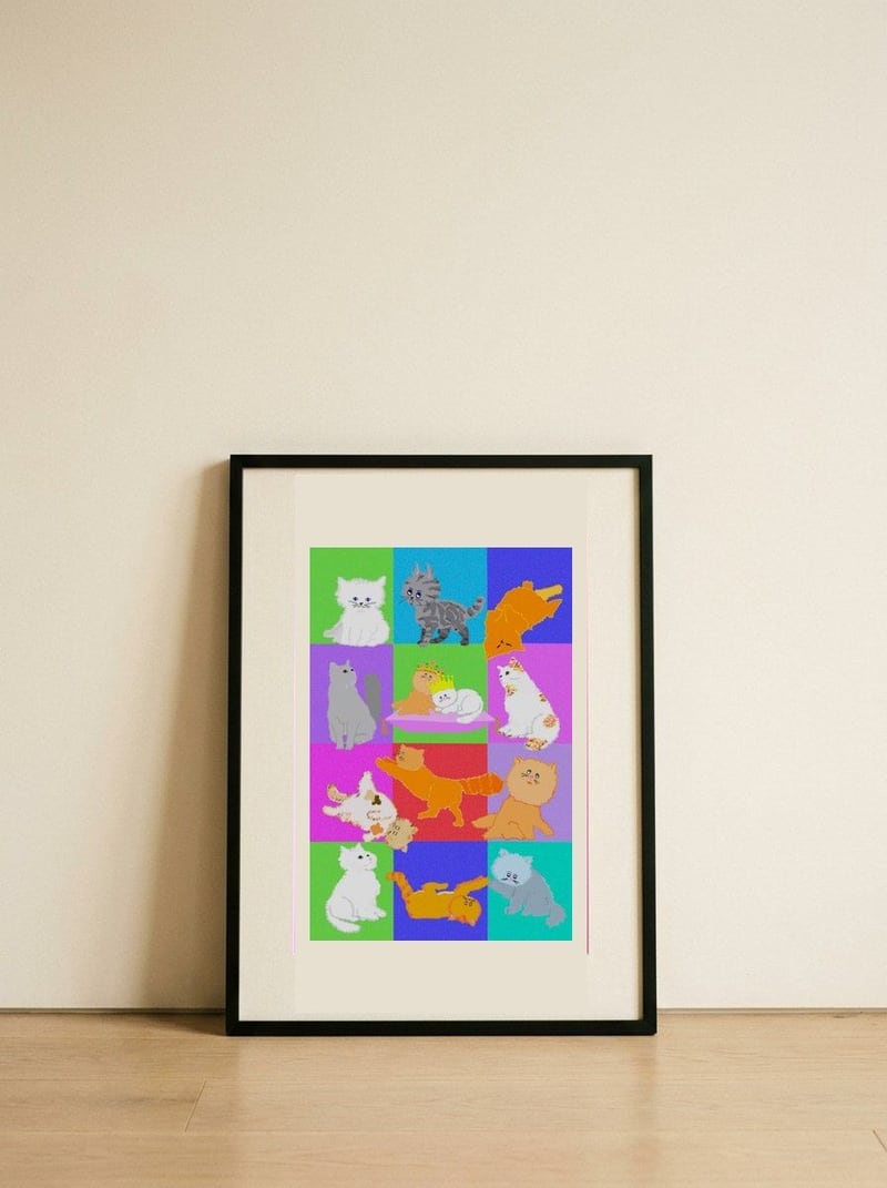 Colorful Cat Grid — framed, leaning against the wall