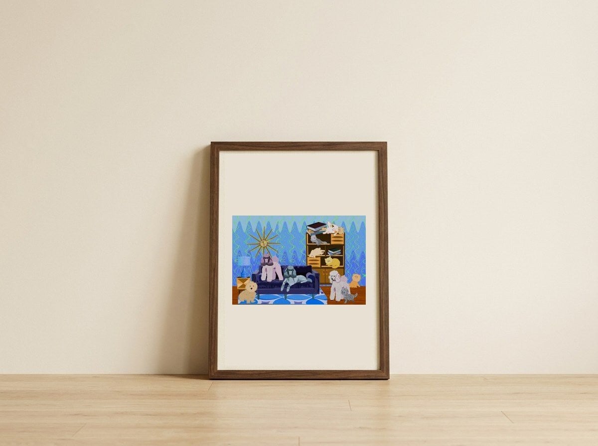 Poodle And Cat Family — framed, leaning against the wall
