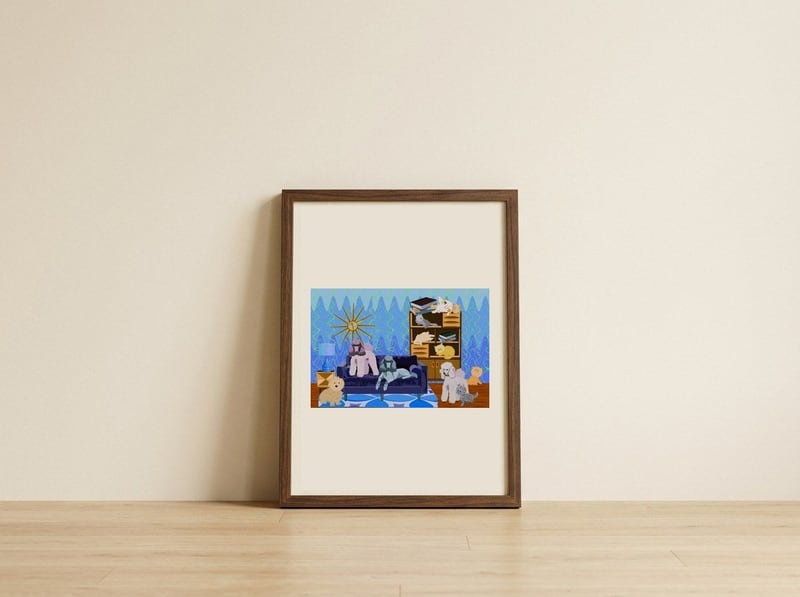 Poodle And Cat Family — framed, leaning against the wall