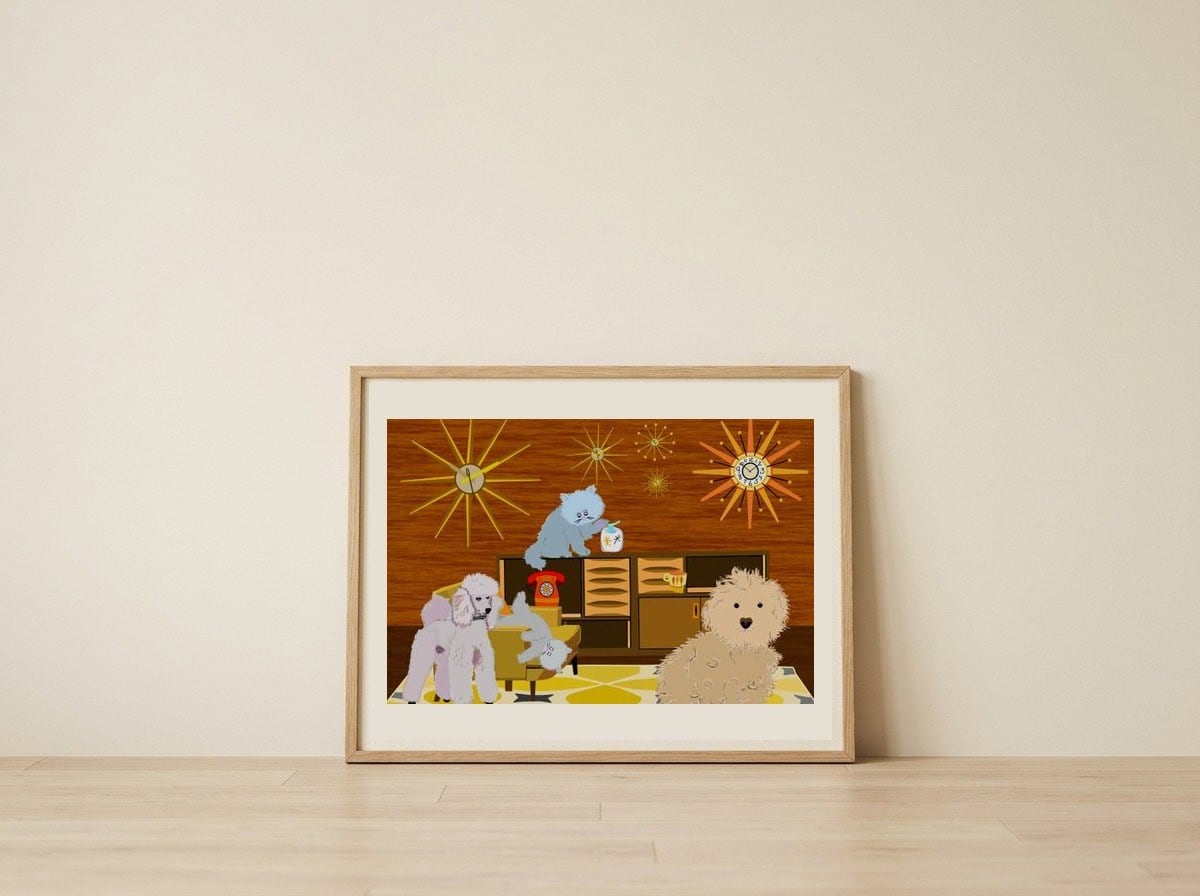 Playful Retro Pets — framed, leaning against the wall