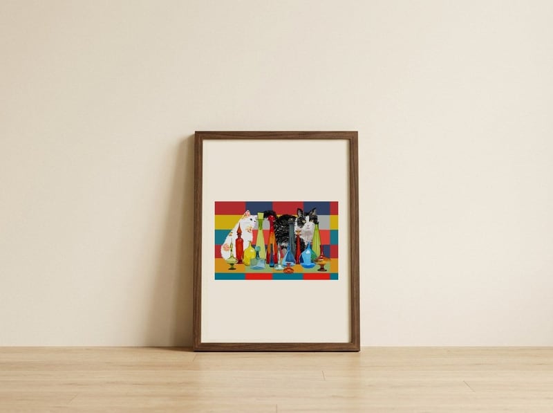 Playful Cats Colorful Bottles — framed, leaning against the wall