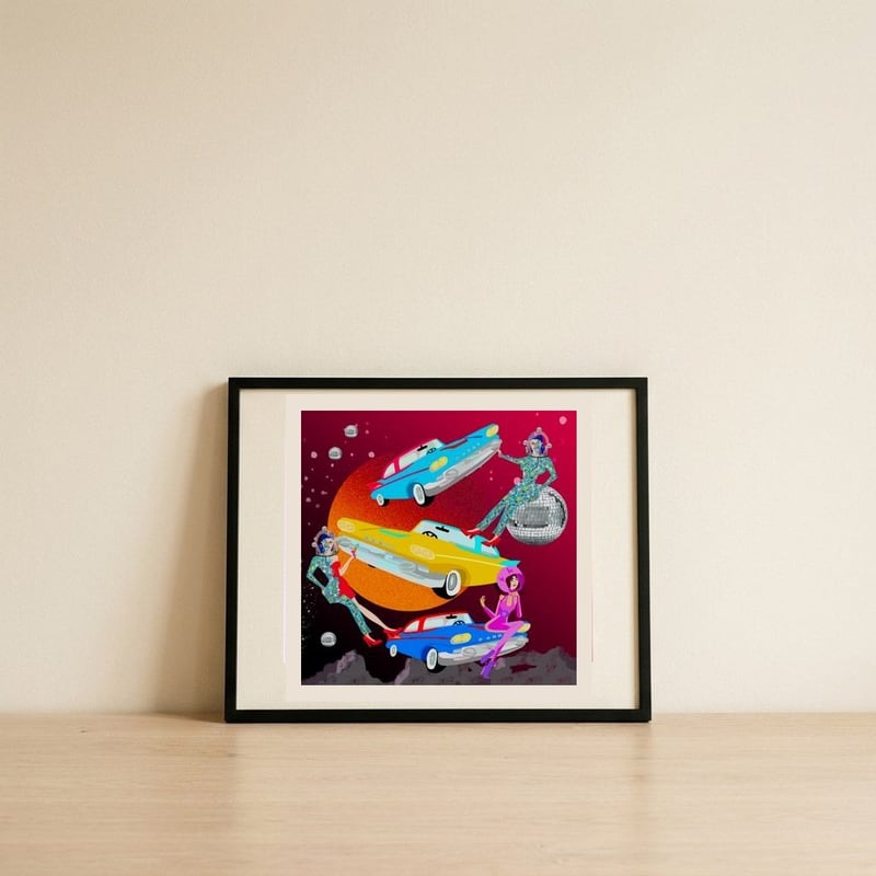 Retro Disco Space Girls — framed, leaning against the wall
