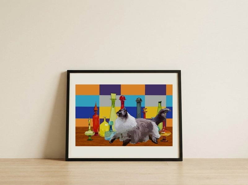Cat and Colorful Glass Bottles – Retro Whimsical Illustration — framed, leaning against the wall
