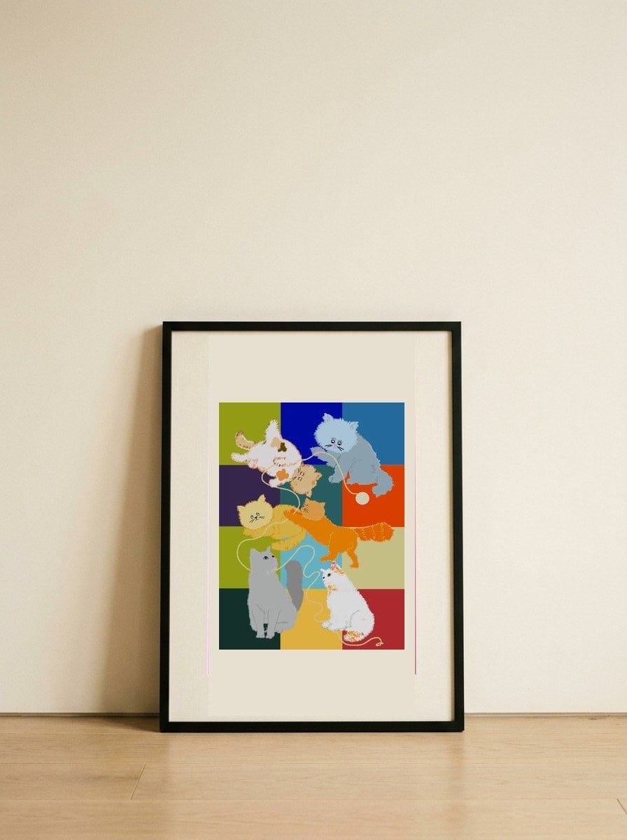 Playful Cats With Yarn — framed, leaning against the wall
