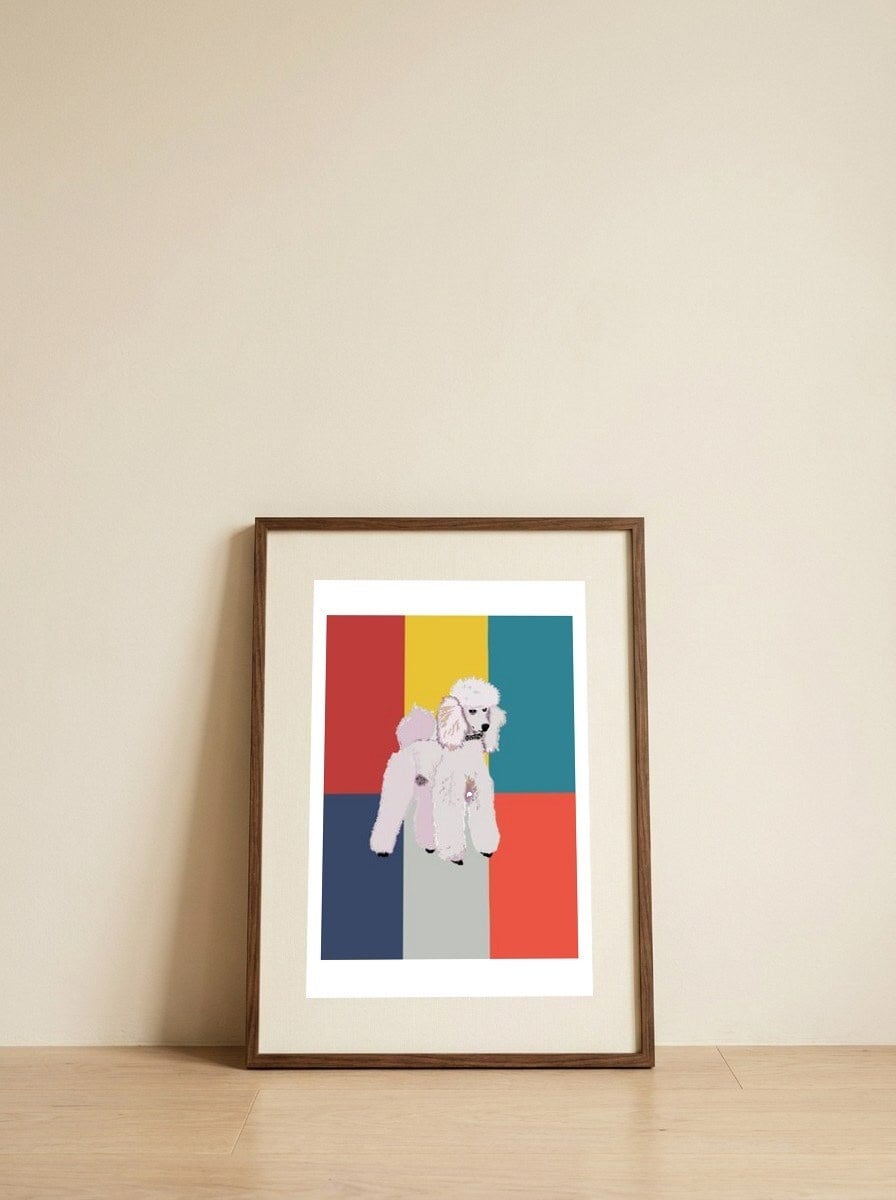 White Poodle Pop Art — framed, leaning against the wall