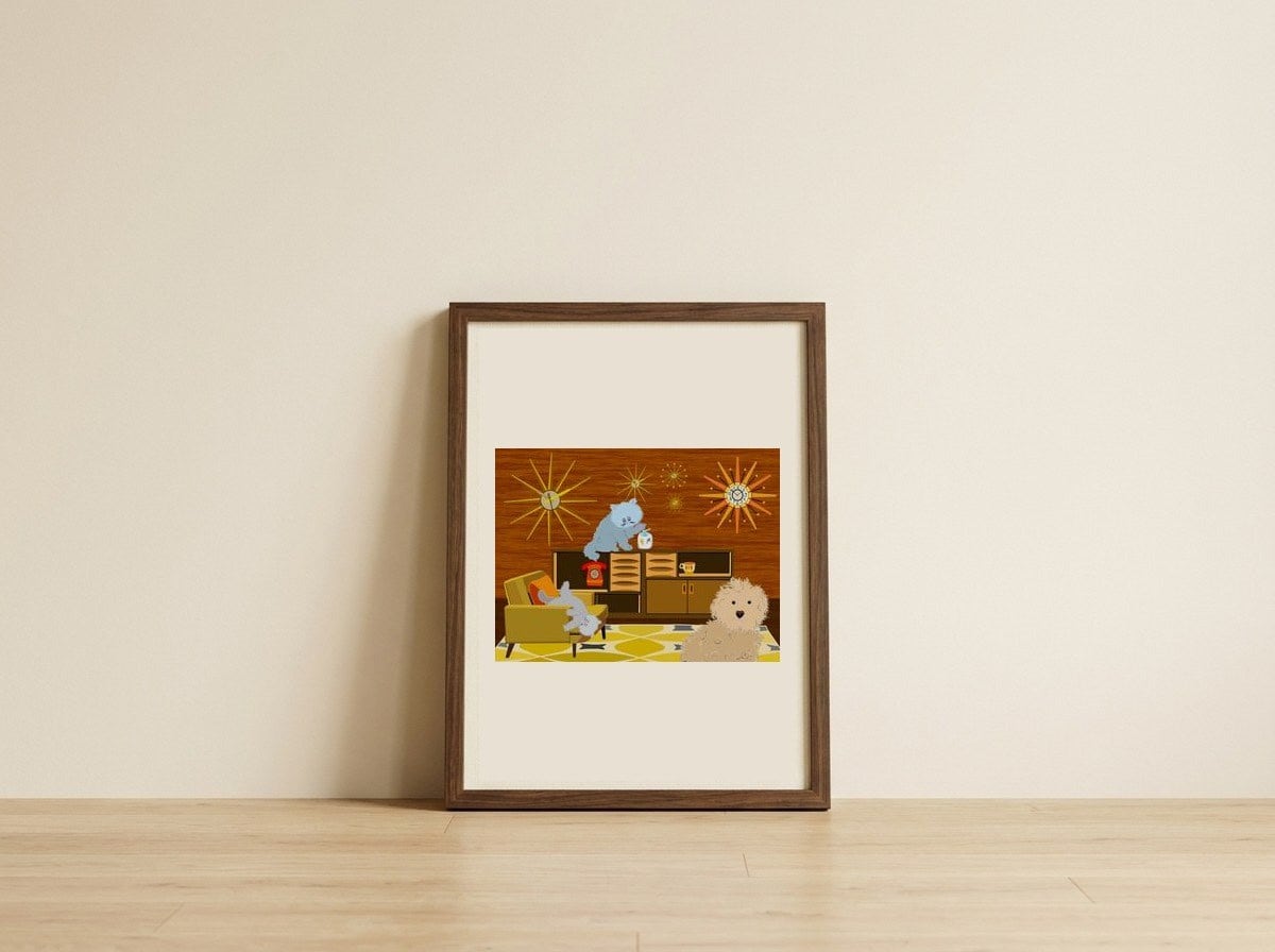 Playful Mid-Century Pets — framed, leaning against the wall