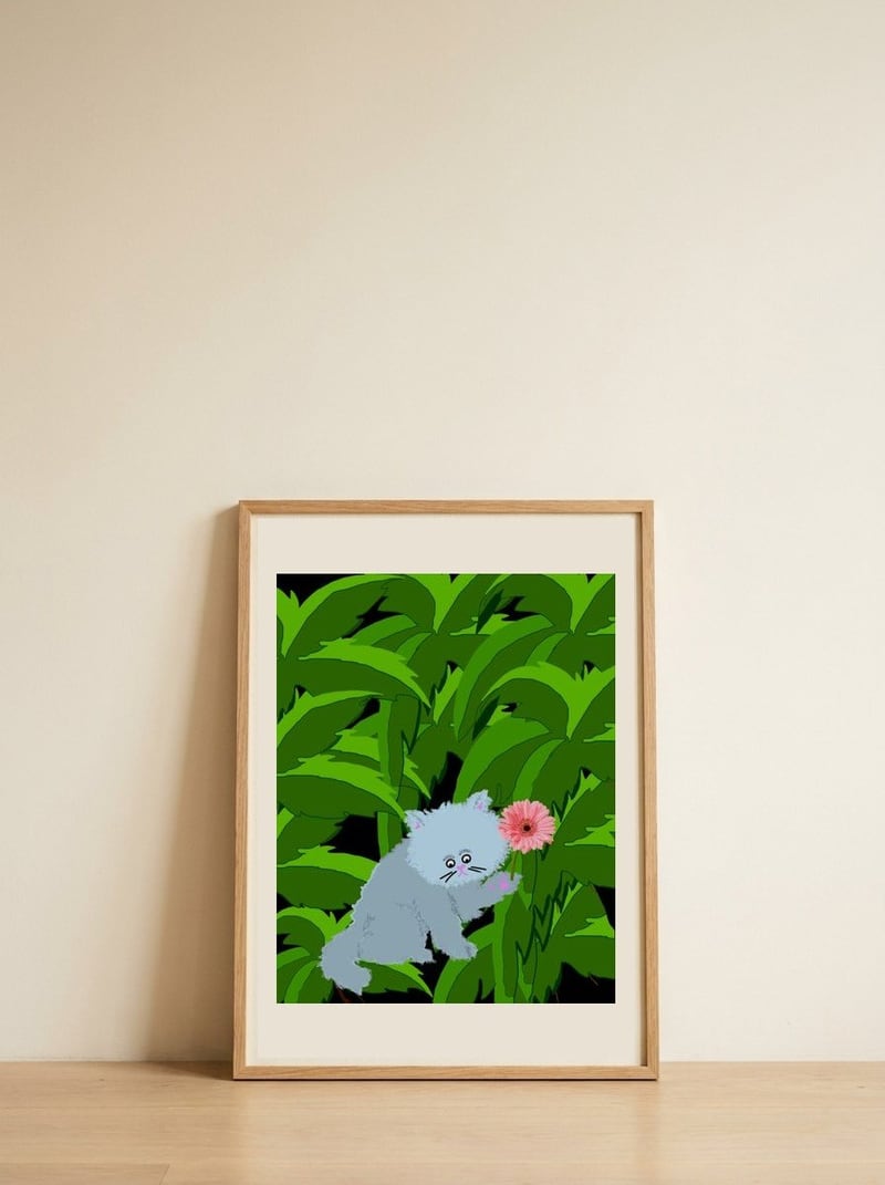 Kitten With Pink Flower — framed, leaning against the wall