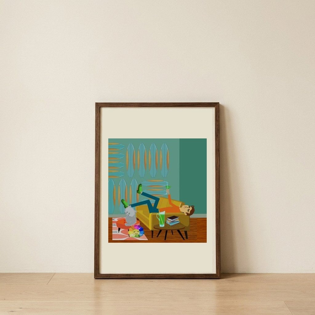 Mid-Century Surf Chill — framed, leaning against the wall