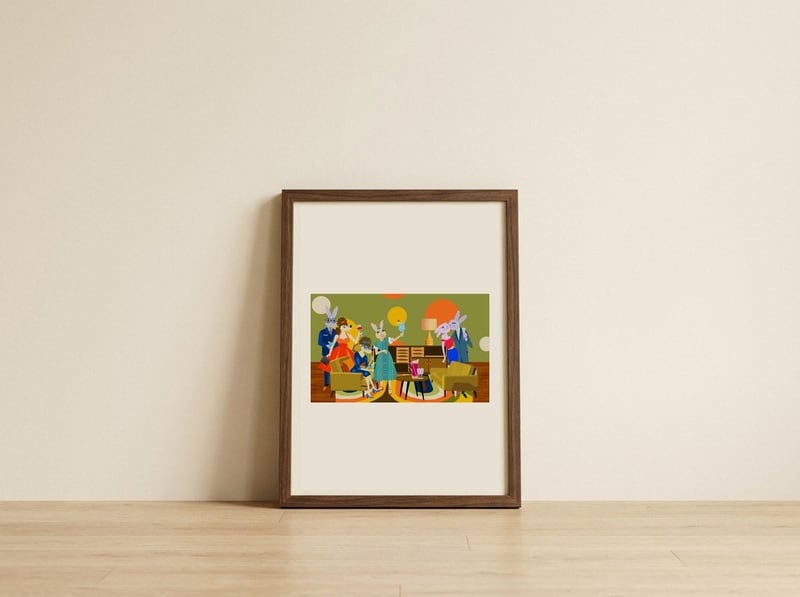 Retro Rabbit Party — framed, leaning against the wall