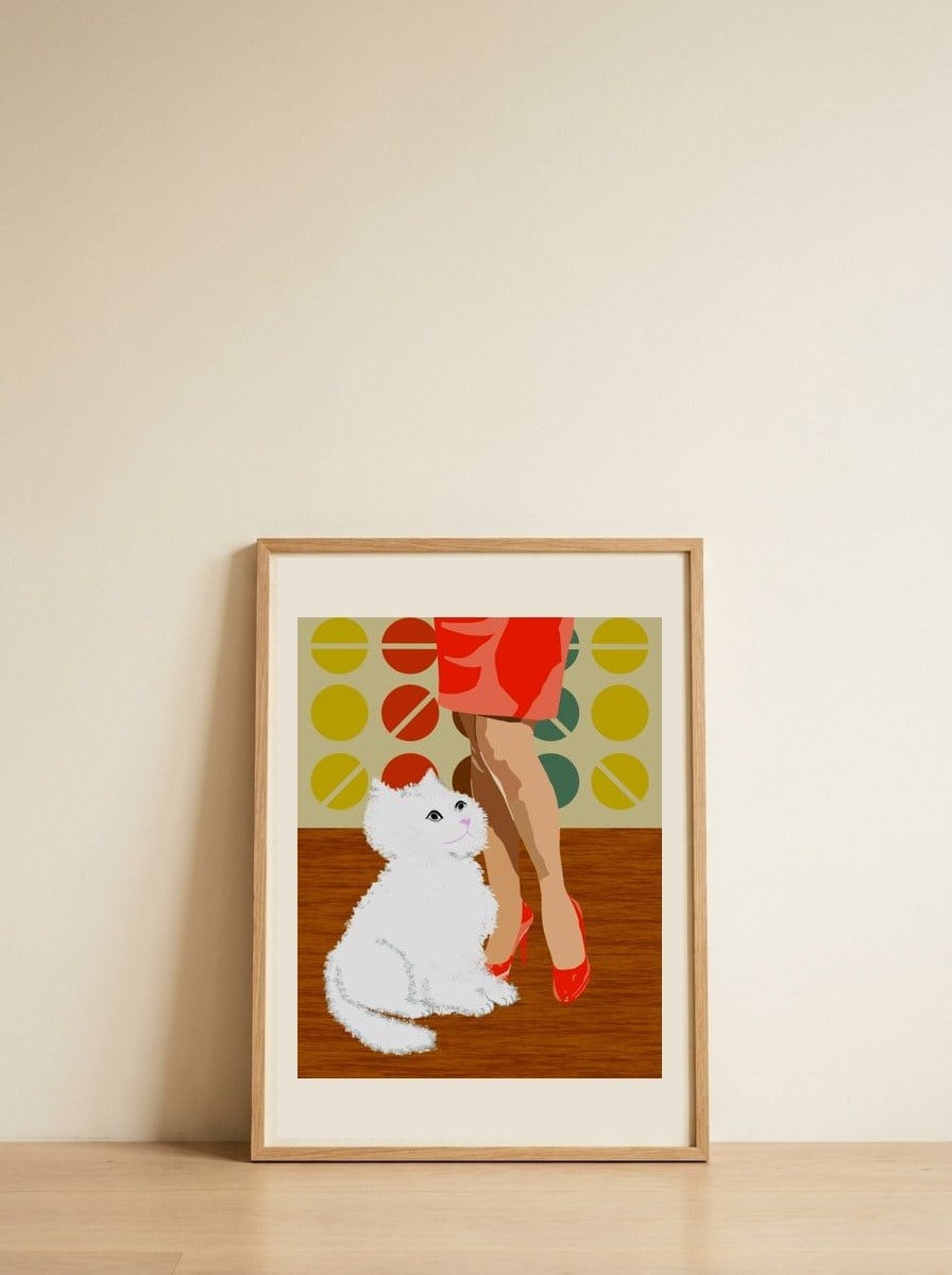 Fluffy Cat Red Heels — framed, leaning against the wall