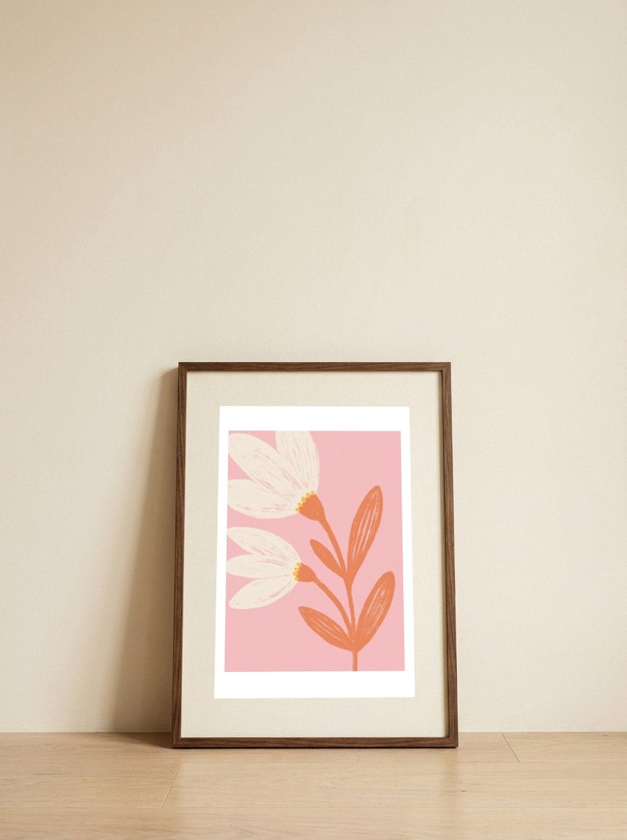 Pink Modern Floral Drawing — framed, leaning against the wall