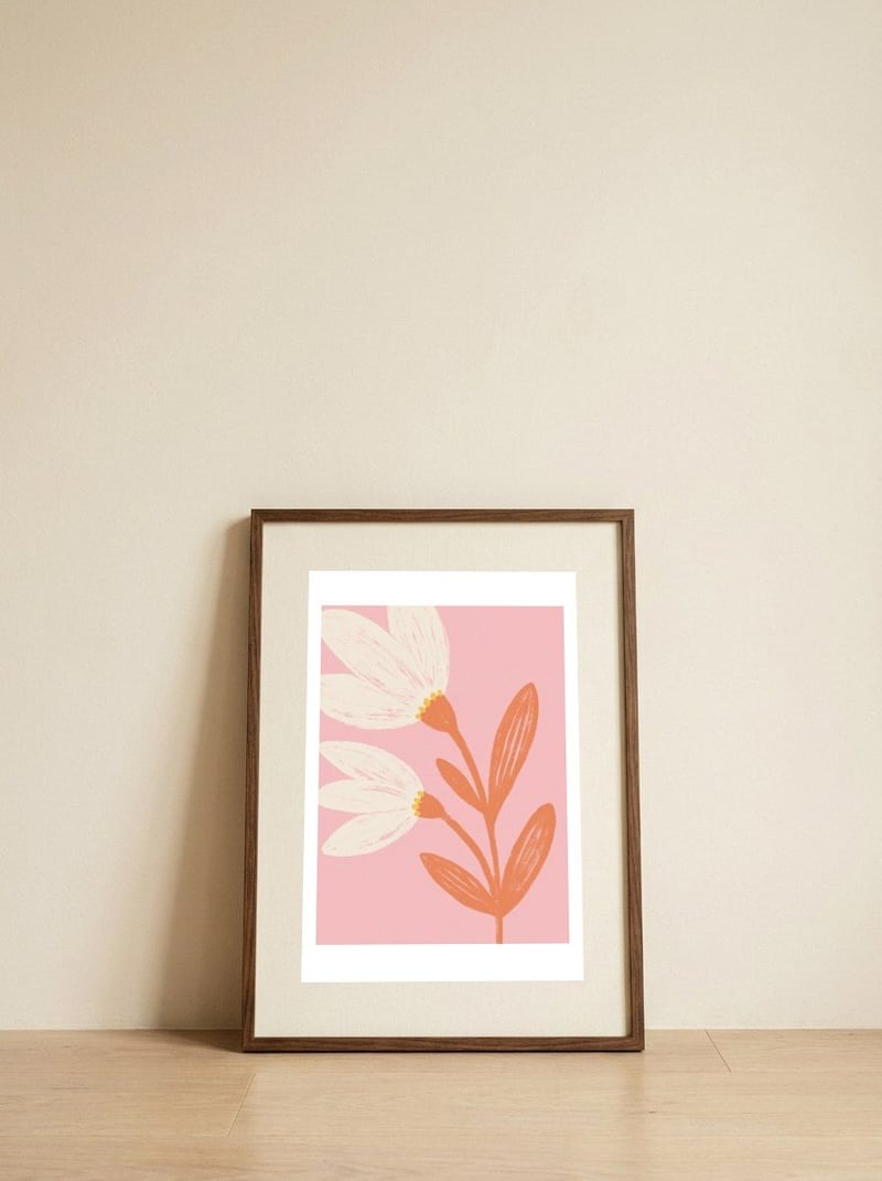 Pink Modern Floral Drawing — framed, leaning against the wall