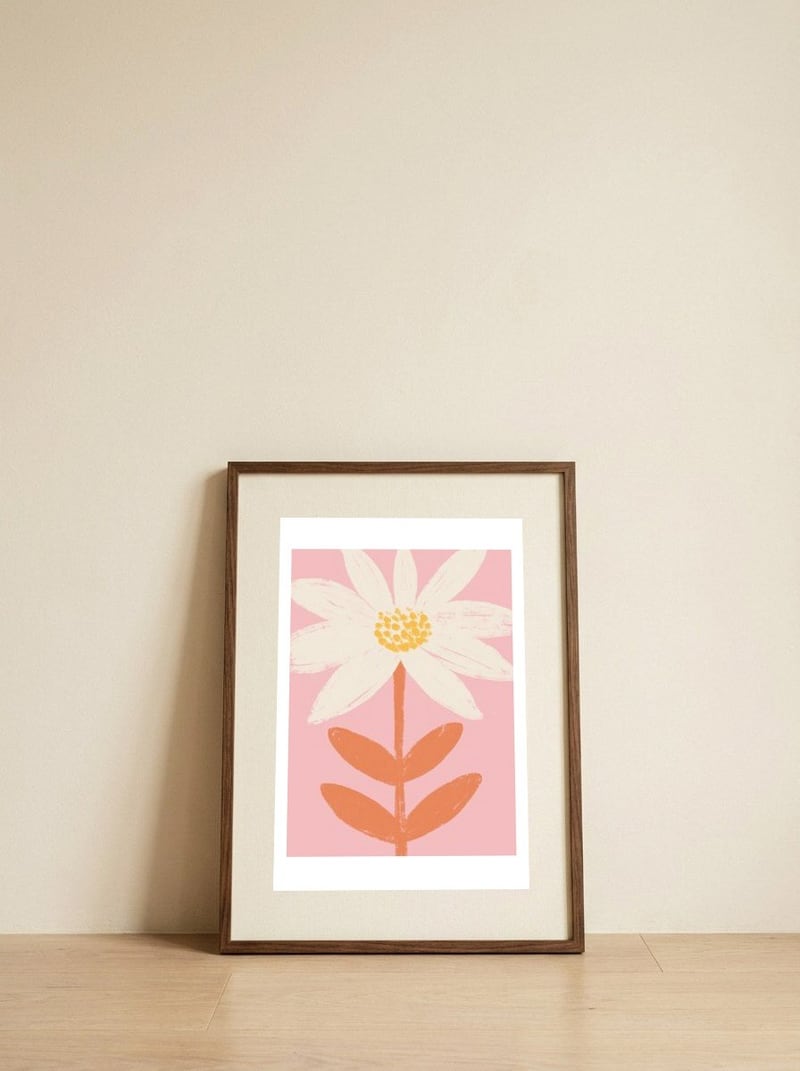 Happy Pink Daisy — framed, leaning against the wall