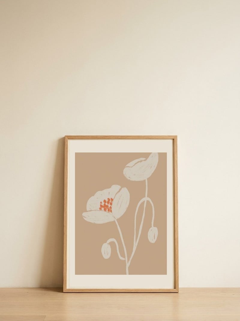 Soft Botanical Poppies — framed, leaning against the wall