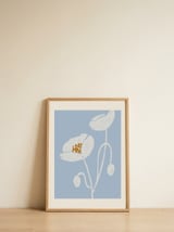 White Flowers Blue Background — framed, leaning against the wall thumbnail