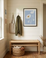White Flowers Blue Background framed in a relaxed room thumbnail