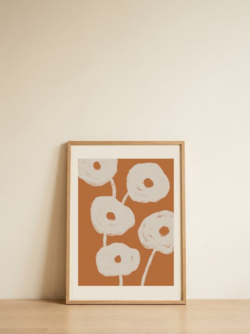 Terracotta Floral Abstract — framed, leaning against the wall