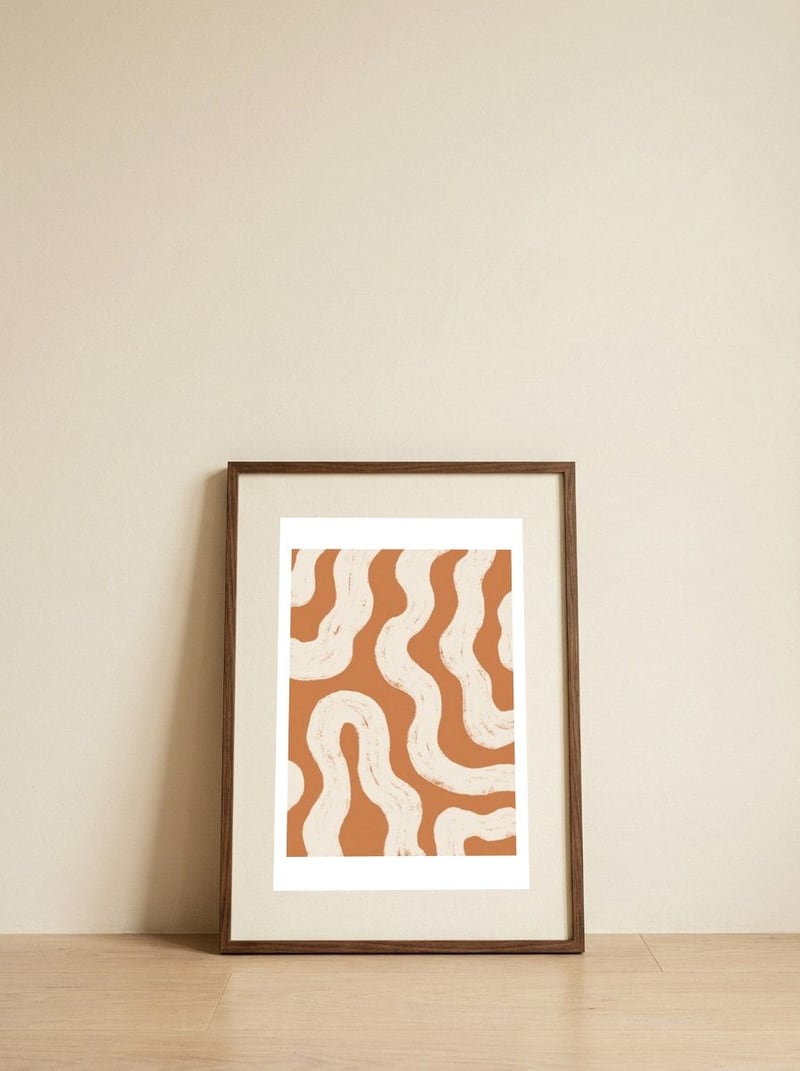Terracotta Wavy Lines — framed, leaning against the wall