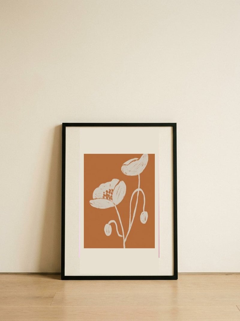 Terracotta Poppies — framed, leaning against the wall