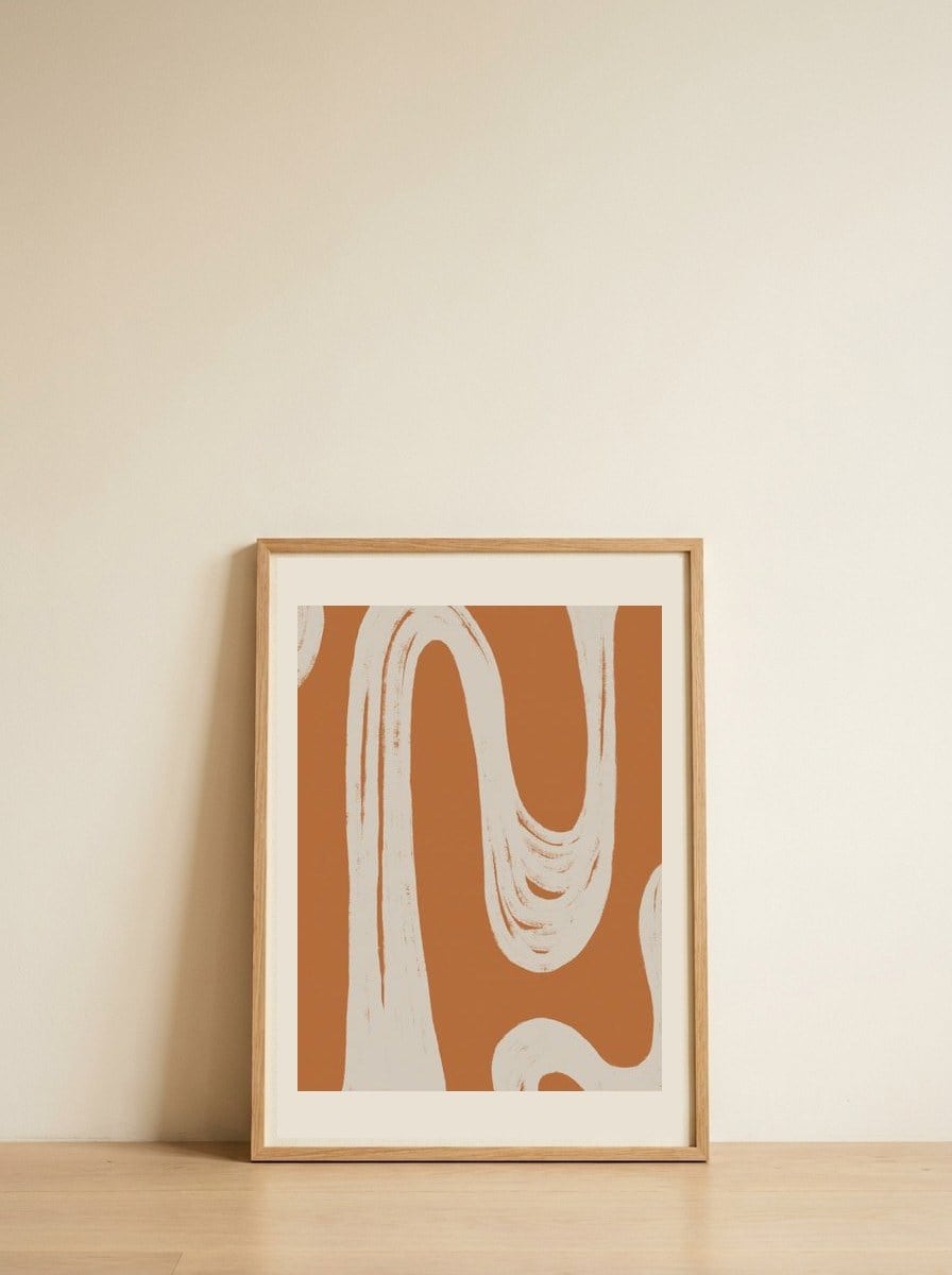 Organic Terracotta Curves — framed, leaning against the wall