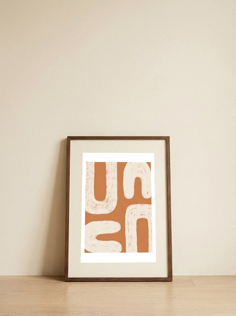 Warm Minimalist Shapes — framed, leaning against the wall