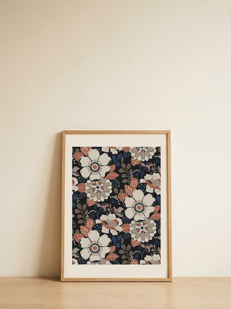 Vintage Dark Floral Pattern — framed, leaning against the wall