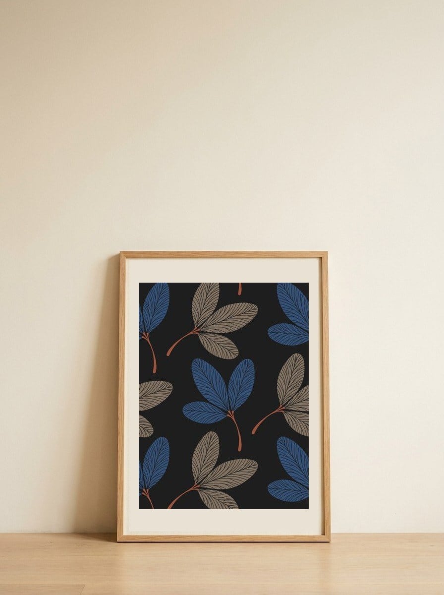 Blue Brown Leaf Pattern — framed, leaning against the wall