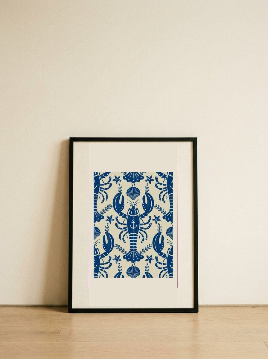 Coastal Blue Lobster Pattern — framed, leaning against the wall