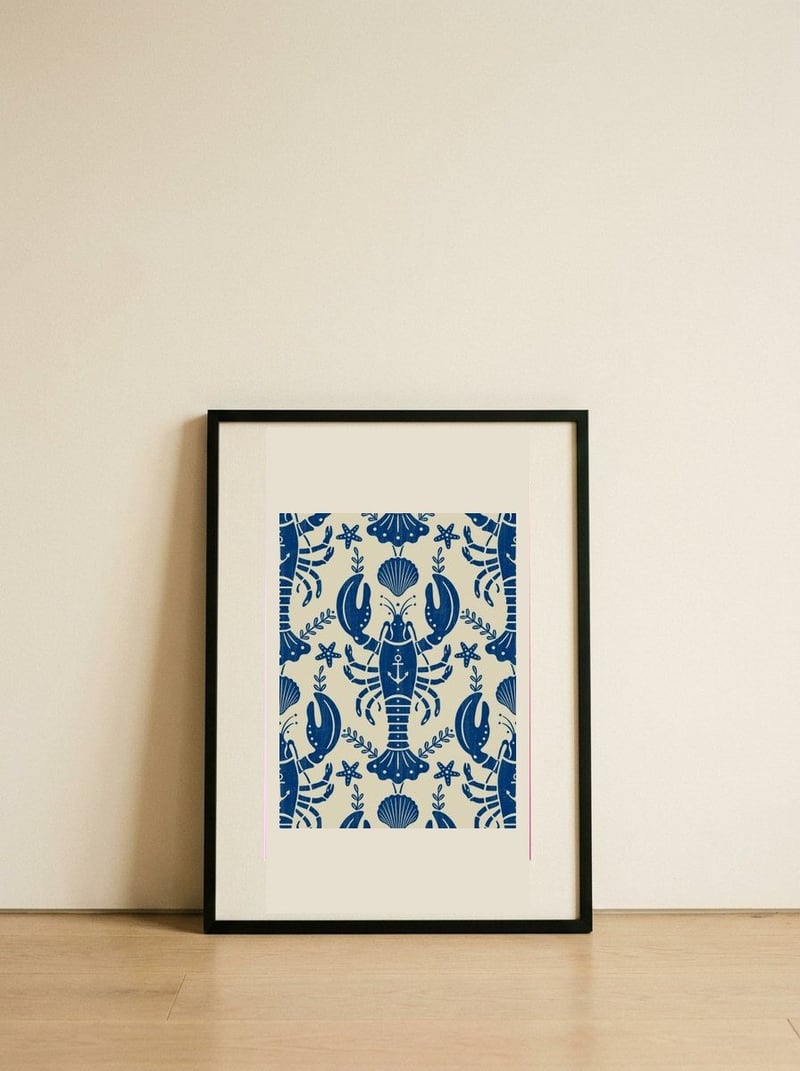 Coastal Blue Lobster Pattern — framed, leaning against the wall