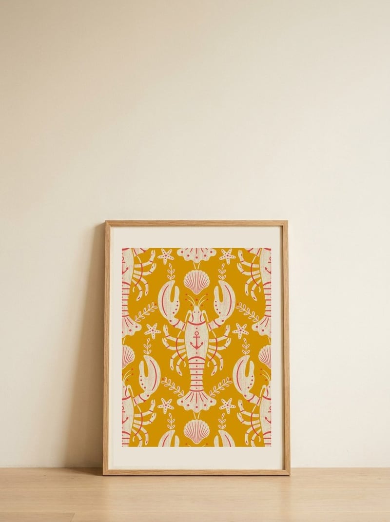 Yellow Lobster Nautical Pattern — framed, leaning against the wall