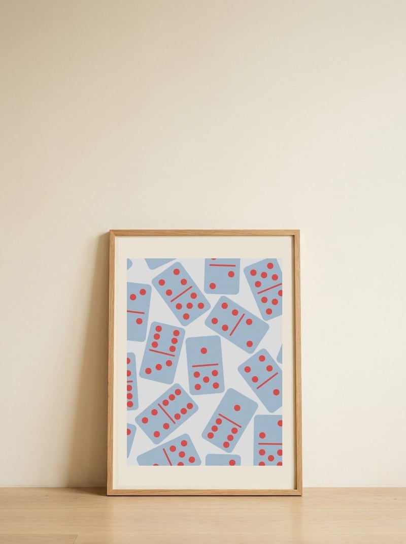 Blue Dominoes Pattern — framed, leaning against the wall