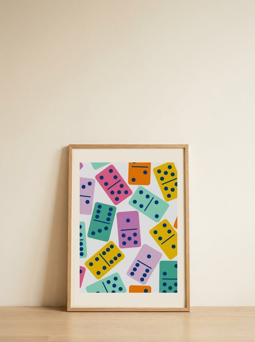 Colorful Dominoes Pattern — framed, leaning against the wall