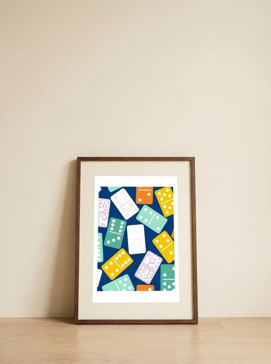 Colorful Domino Pattern — framed, leaning against the wall