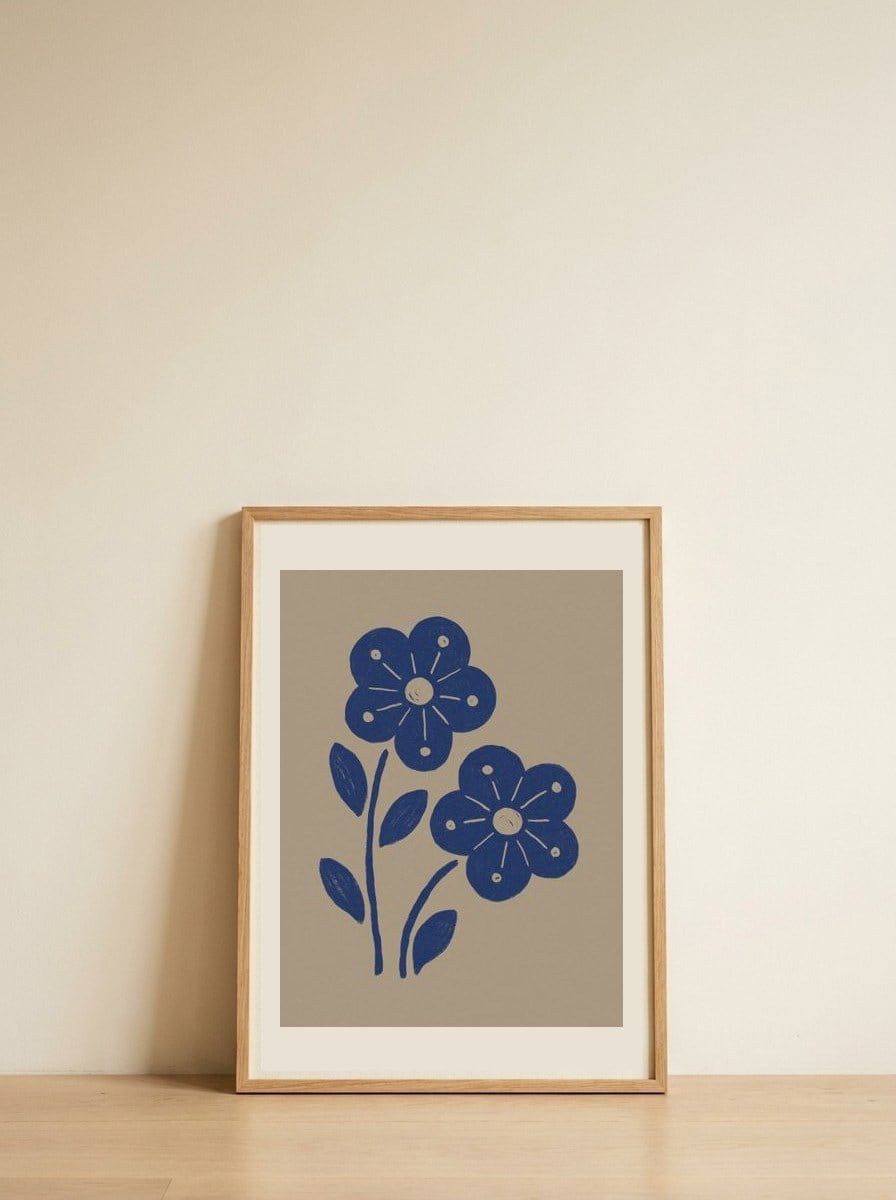 Blue Folk Flowers — framed, leaning against the wall