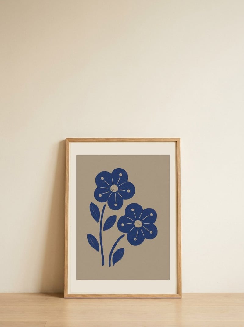 Blue Folk Flowers — framed, leaning against the wall