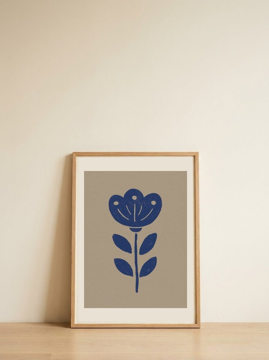 Blue Folk Flower — framed, leaning against the wall