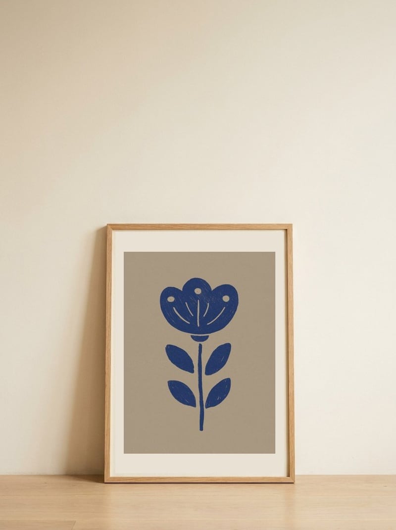 Blue Folk Flower — framed, leaning against the wall