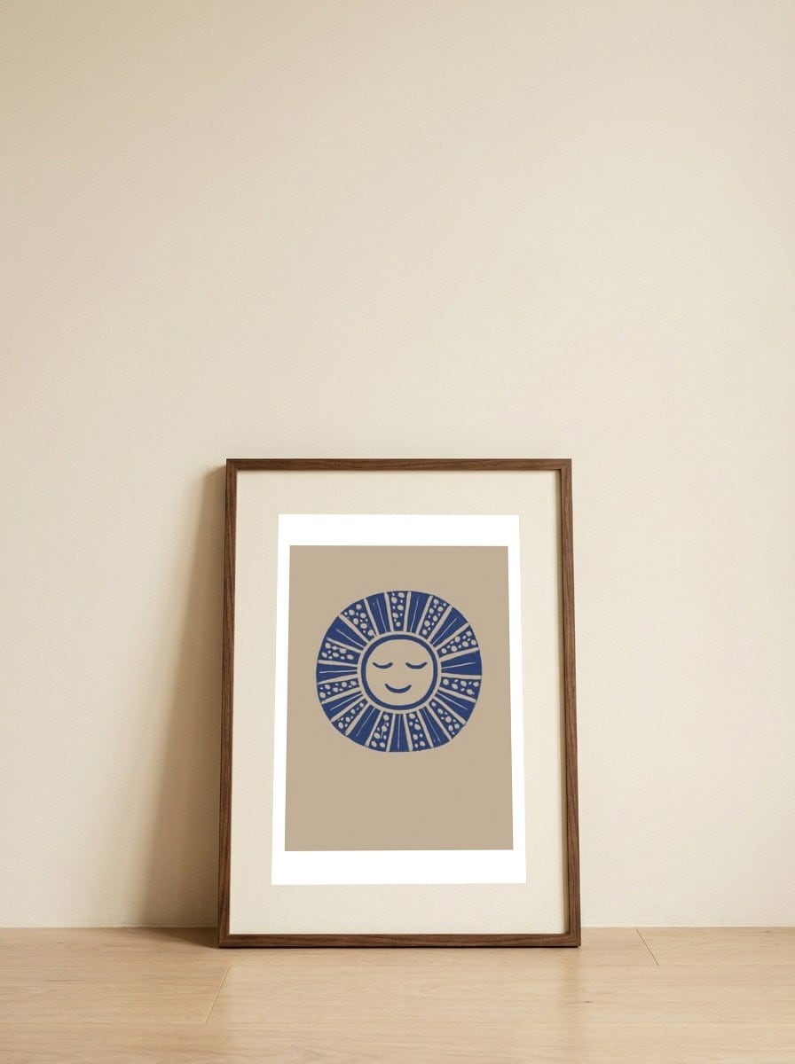 Happy Blue Sun — framed, leaning against the wall