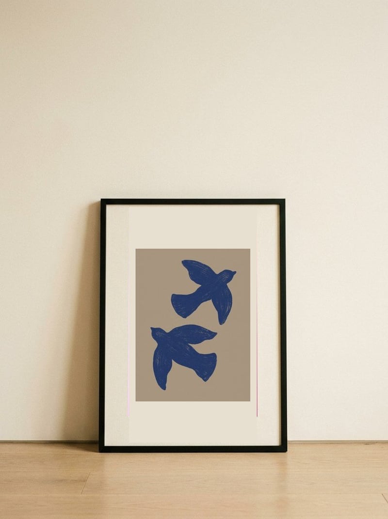 Blue Flying Birds — framed, leaning against the wall