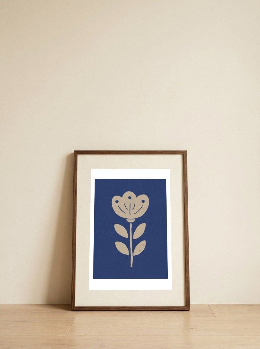 Scandinavian Blue Flower — framed, leaning against the wall